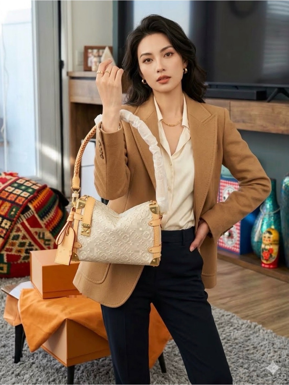 Ivory Monogram Shoulder Bag with Tan Trim